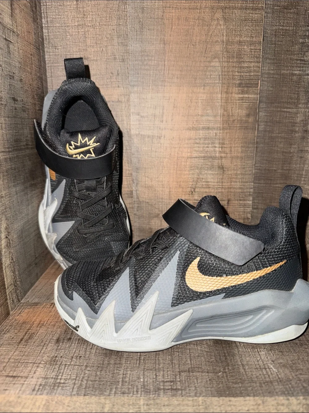 Nike Kids Black and Gold Basketball Sneakers with Strap-size 12